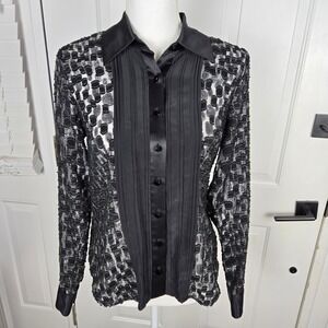 Worth Tuxedo Button Up Shirt Blouse Size 6 Black Metallic Sheer Silk Blend Party
